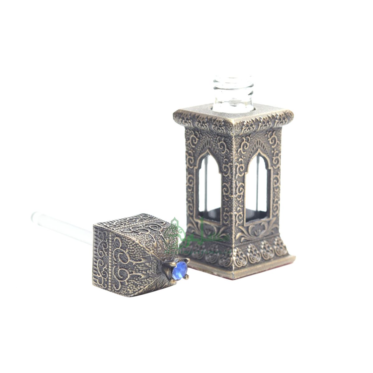 Small Empty 3 ml Andalusian Mehrab Square Antique Brass Color Arab Perfume Attar Oud Oil Bottle Islamic Glass Vial Bejeweled Dipper Cap