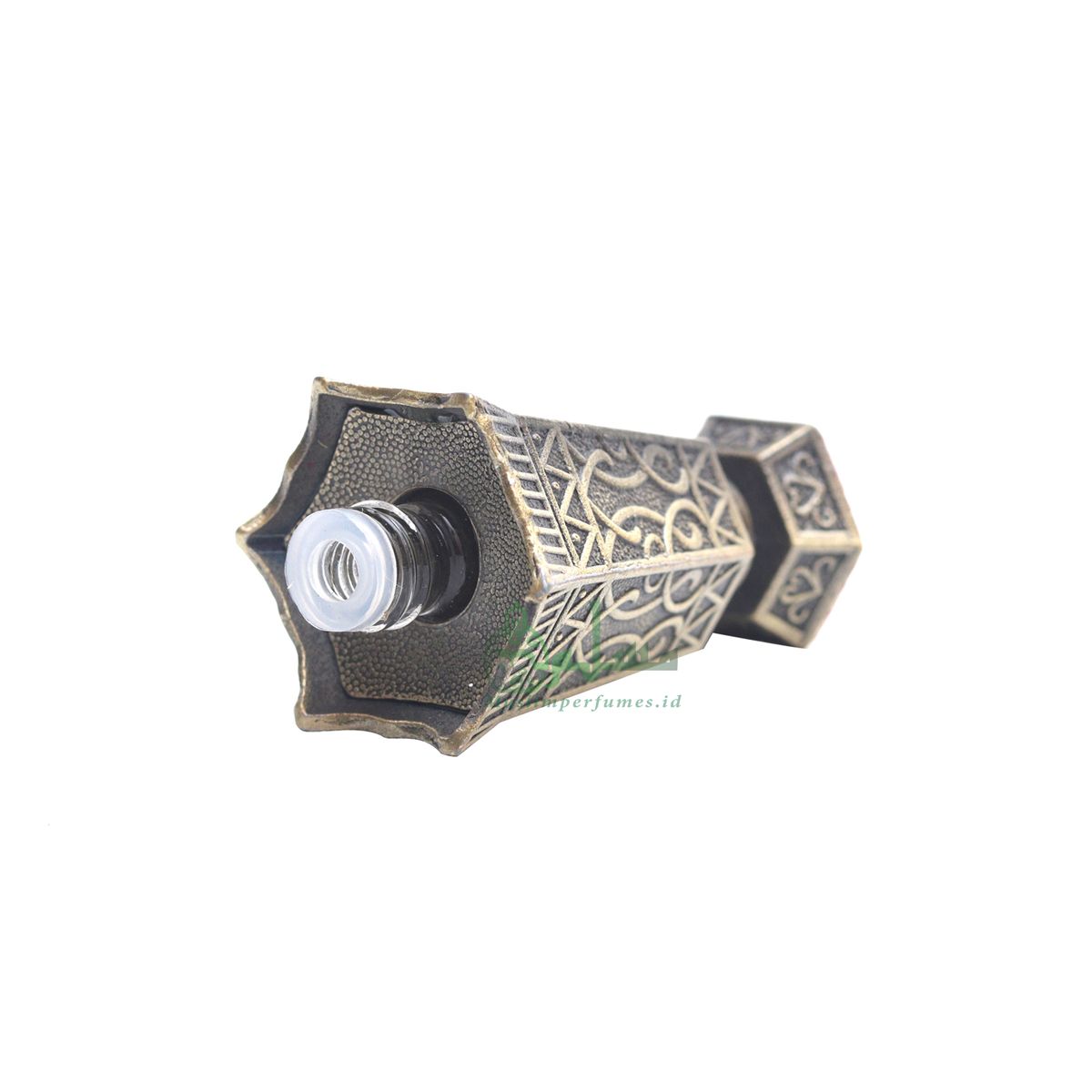 Arabian Vase Islamic Design Brass Color Small Empty 2- ml Vial Bottle For Perfume Arab Prayer Attar Oud Oil, Pointed Glass Top Dipper Cap