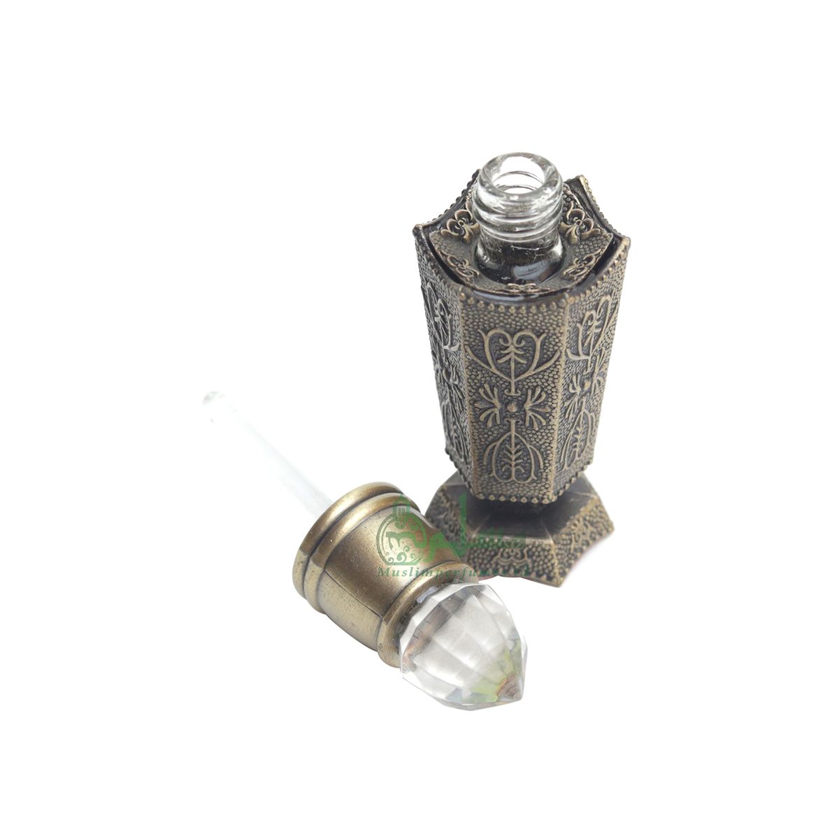 Bukhoor Burner Islamic Design Brass Color Empty 3 ml Vial Bottle For Perfume Arabian Prayer Attar Oud Oil, Pointed Glass Top Dipper Cap