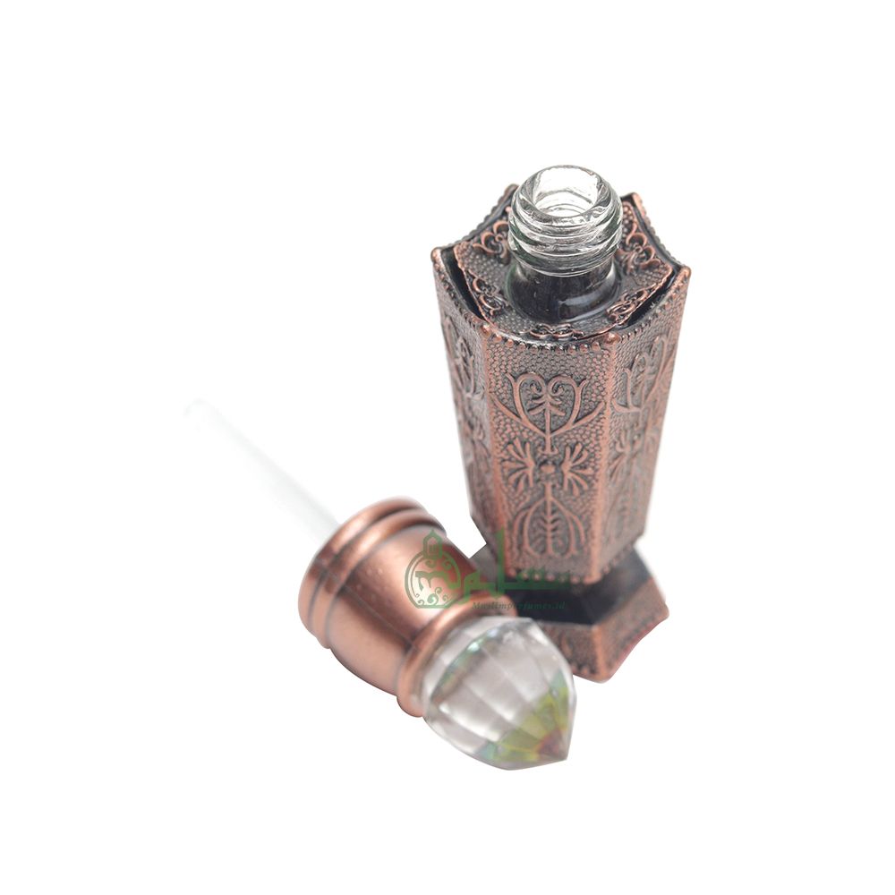 Bukhoor Burner Islamic Design Bronze Color Empty 2- ml Vial Bottle For Perfume Arabian Prayer Attar Oud Oil, Pointed Glass Top Dipper Cap
