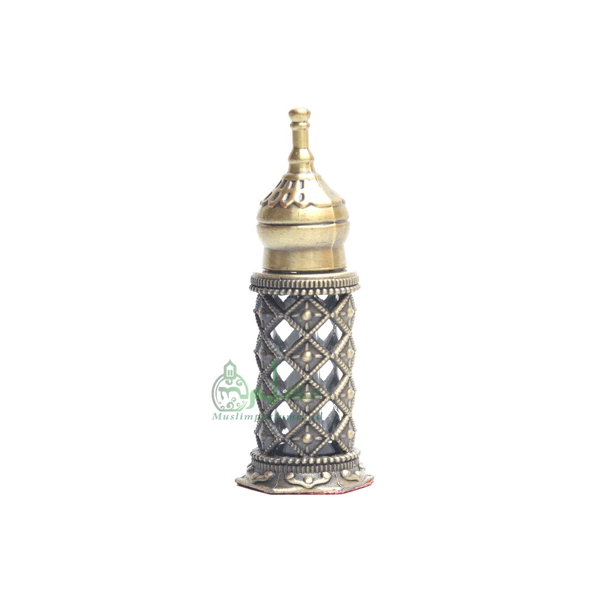 Empty Perfume Bottle Small Pointed Minaret Lattice Design Brass Color Attar Oud Musk 3.4- ml Vial Bejeweled Blue Accents Dipper Applicator