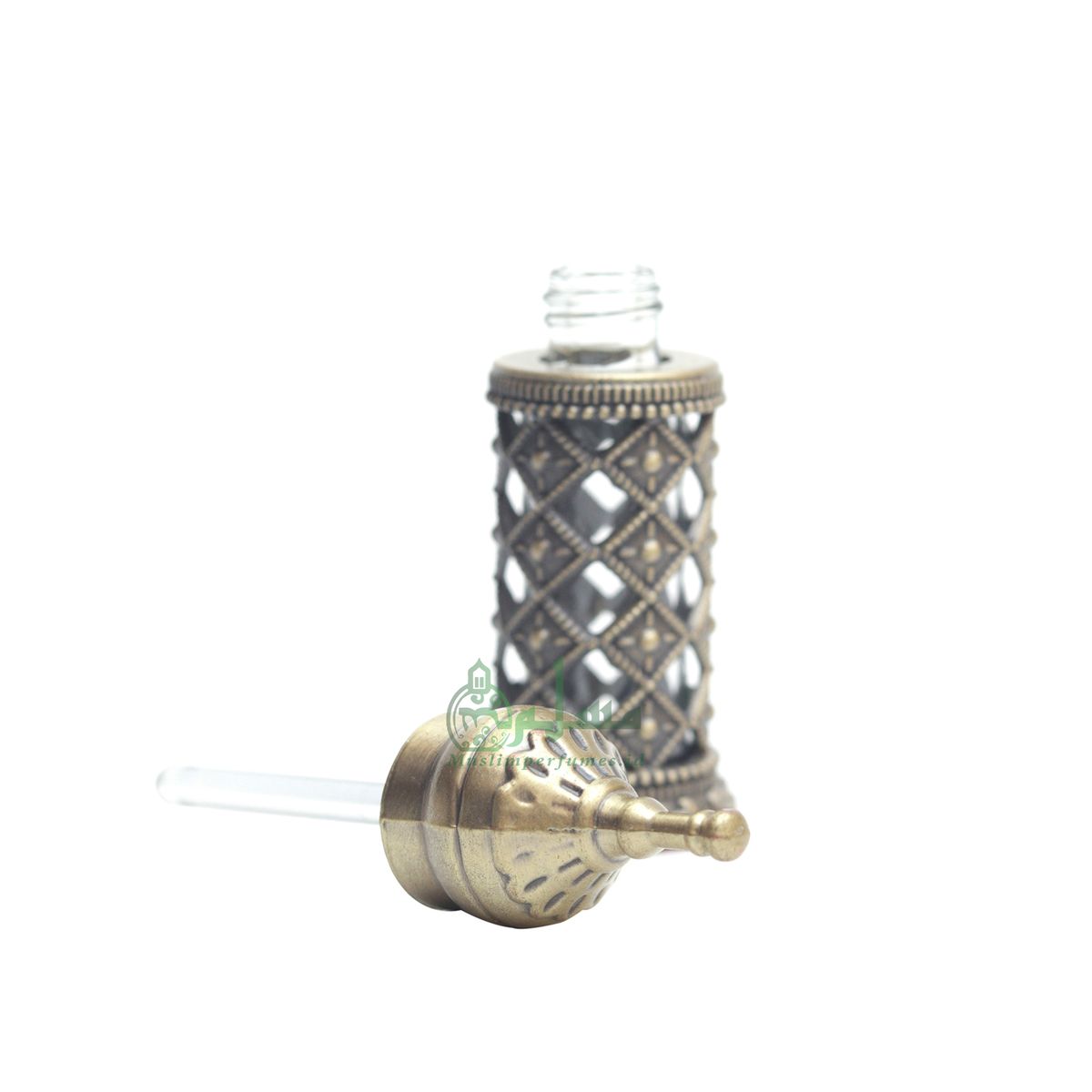 Empty Perfume Bottle Small Pointed Minaret Lattice Design Brass Color Attar Oud Musk 3.4- ml Vial Bejeweled Blue Accents Dipper Applicator
