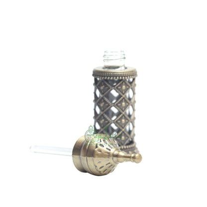 Empty Perfume Bottle Small Pointed Minaret Lattice Design Brass Color Attar Oud Musk 3.4- ml Vial Bejeweled Blue Accents Dipper Applicator