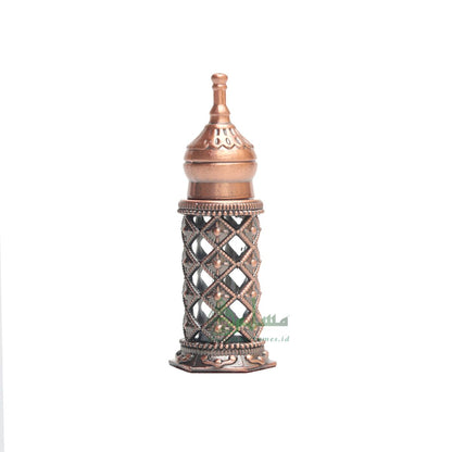 Empty Perfume Bottle Small Pointed Minaret Lattice Design Bronze Color Attar Oud Musk Glass 3.4- ml Bejeweled Blue Accents Dipper Applicator
