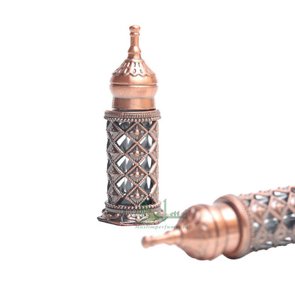 Empty Perfume Bottle Small Pointed Minaret Lattice Design Bronze Color Attar Oud Musk Glass 3.4- ml Bejeweled Blue Accents Dipper Applicator