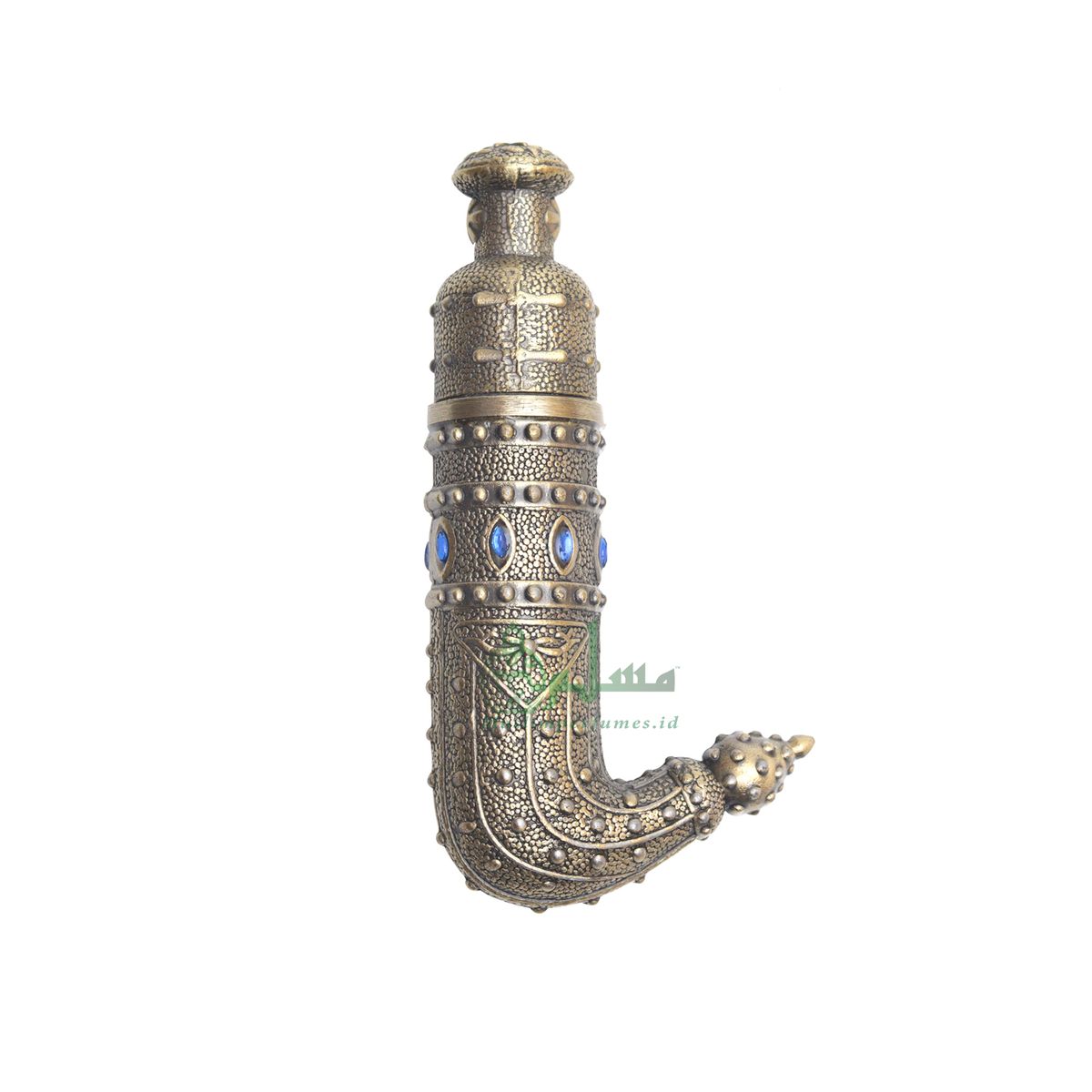 Empty Perfume Bottle Small Yemeni Dagger Jambiyya Design Brass Color Attar Oud Musk Glass 5 ml Vial Bejeweled Blue Accents Dipper Applicator