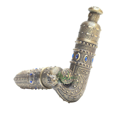 Empty Perfume Bottle Small Yemeni Dagger Jambiyya Design Brass Color Attar Oud Musk Glass 5 ml Vial Bejeweled Blue Accents Dipper Applicator