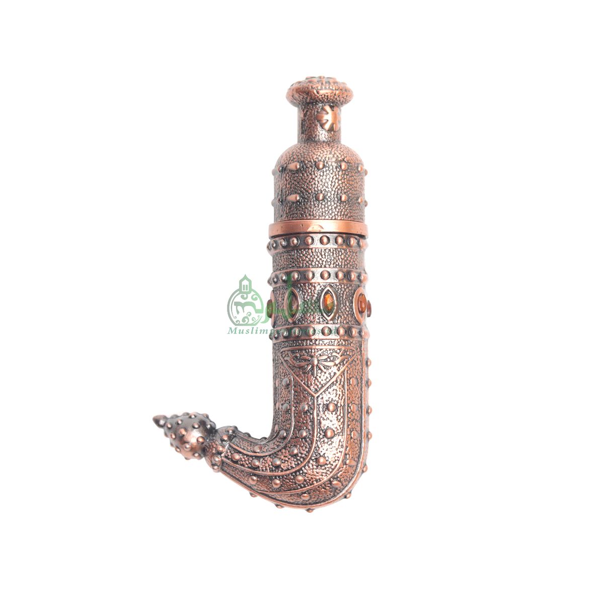 Empty Perfume Bottle Small Yemeni Dagger Jambiyya Red Bronze Color Attar Oud Musk Glass 5 ml Vial Bejeweled Blue Accents Dipper Applicator