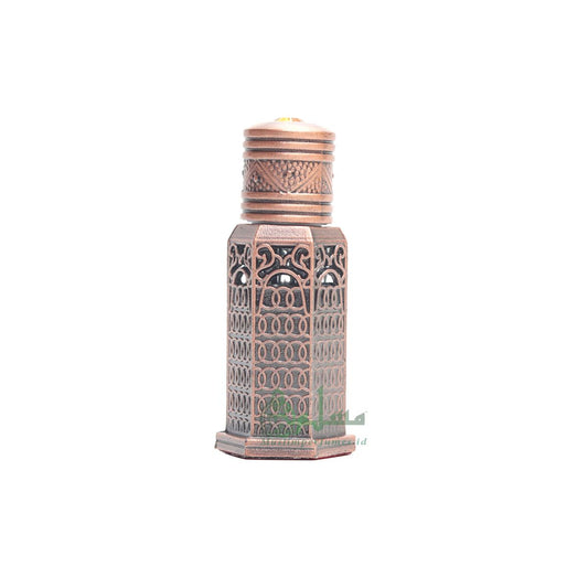 Decorative Minaret Masjid Design Metal Bronze Color Islamic Encased For Perfume Attar Oud 6-Sided 3 ml Vial Empty Bottle Glass Dipper Cap