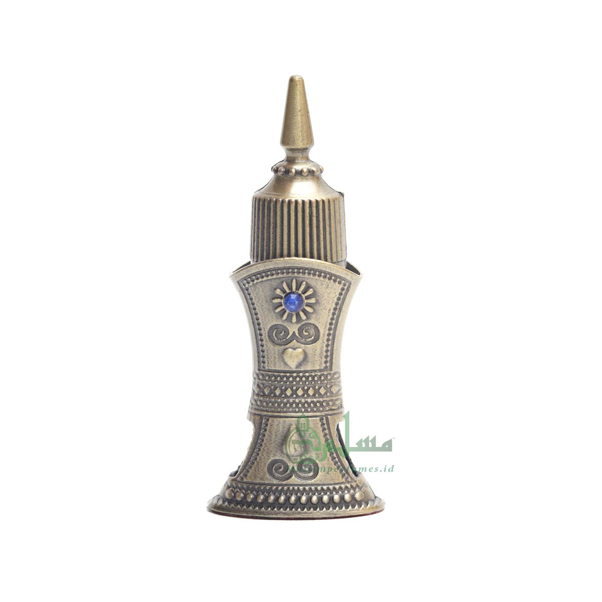 Empty Perfume Bottle – Tapered Omani Design Metallic Brass Color Arab Style Glass Interior Flask Bejeweled Blue For Oud Oil Attar Musk 2.4 ml