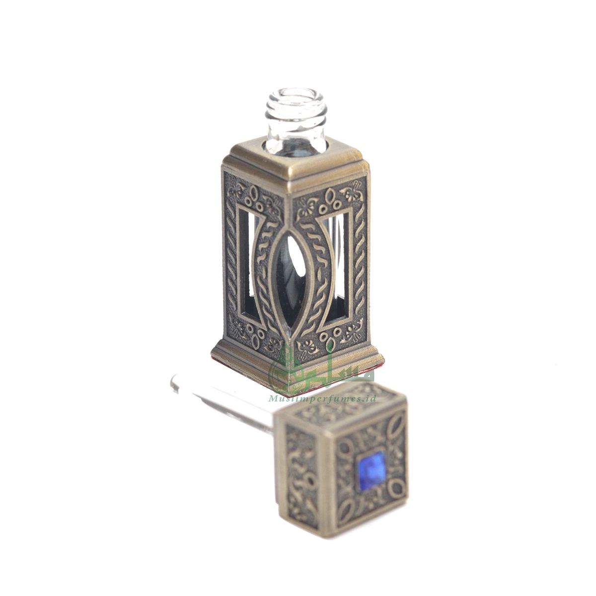 Square Window Islamic Design Brass Color Small Empty 3 ml Vial Bottle For Perfume Arab Prayer Attar Oud Oil, Pointed Glass Top Dipper Cap