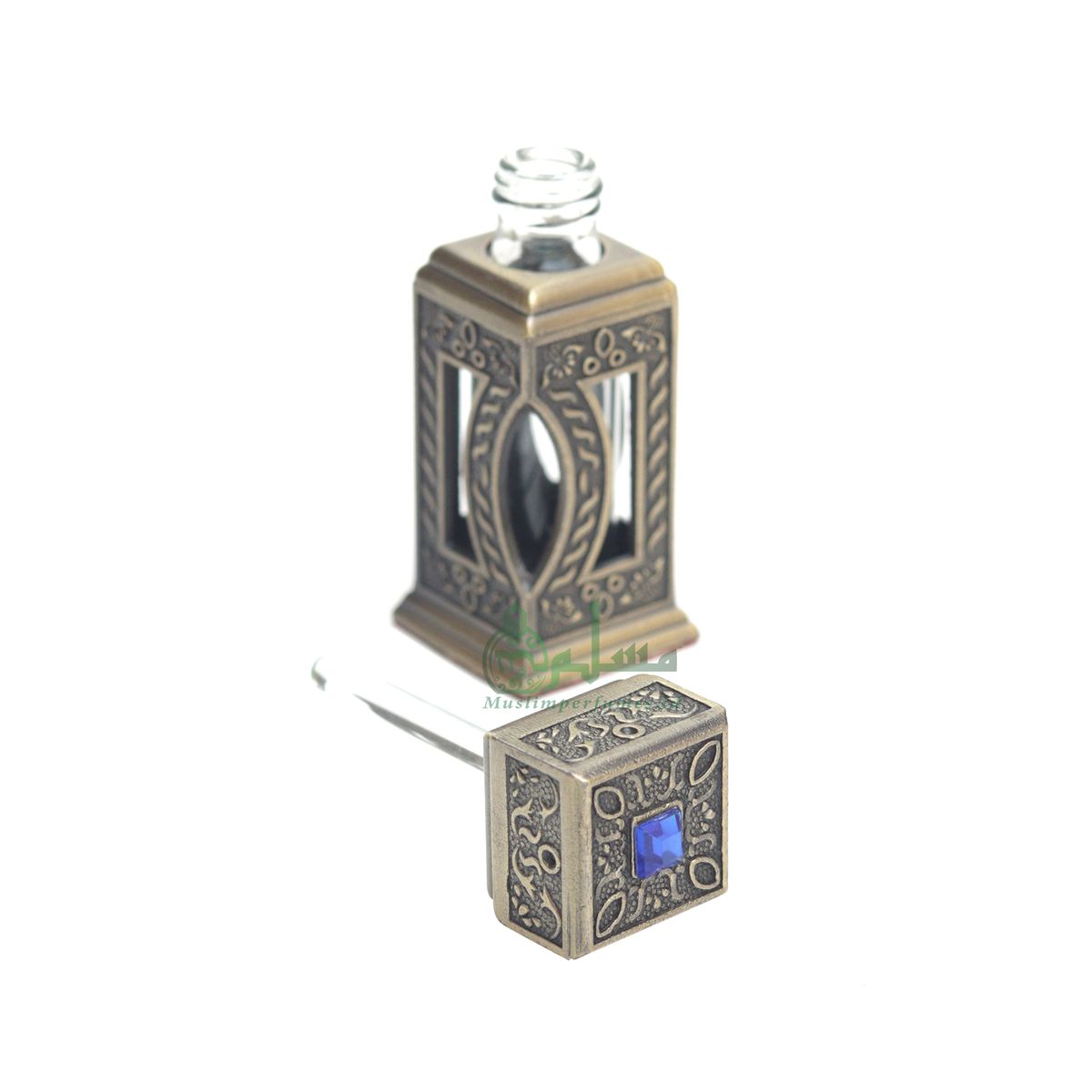 Square Window Islamic Design Brass Color Small Empty 3 ml Vial Bottle For Perfume Arab Prayer Attar Oud Oil, Pointed Glass Top Dipper Cap