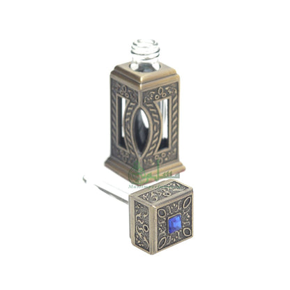 Square Window Islamic Design Brass Color Small Empty 3 ml Vial Bottle For Perfume Arab Prayer Attar Oud Oil, Pointed Glass Top Dipper Cap