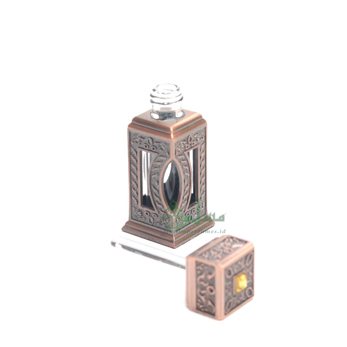 Square Window Islamic Design Bronze Color Small Empty 3 ml Vial Bottle For Perfume Arab Prayer Attar Oud Oil, Pointed Glass Top Dipper Cap