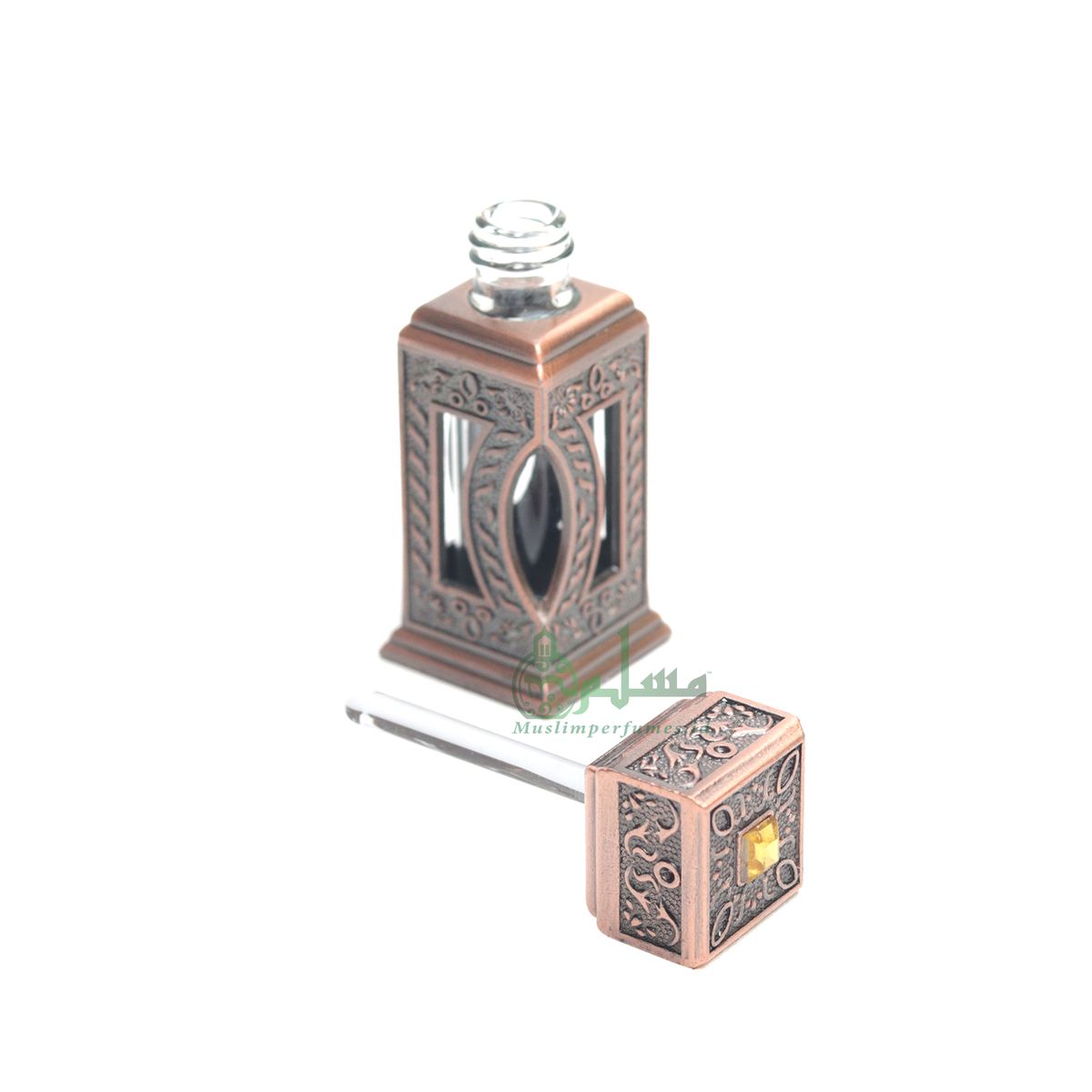 Square Window Islamic Design Bronze Color Small Empty 3 ml Vial Bottle For Perfume Arab Prayer Attar Oud Oil, Pointed Glass Top Dipper Cap