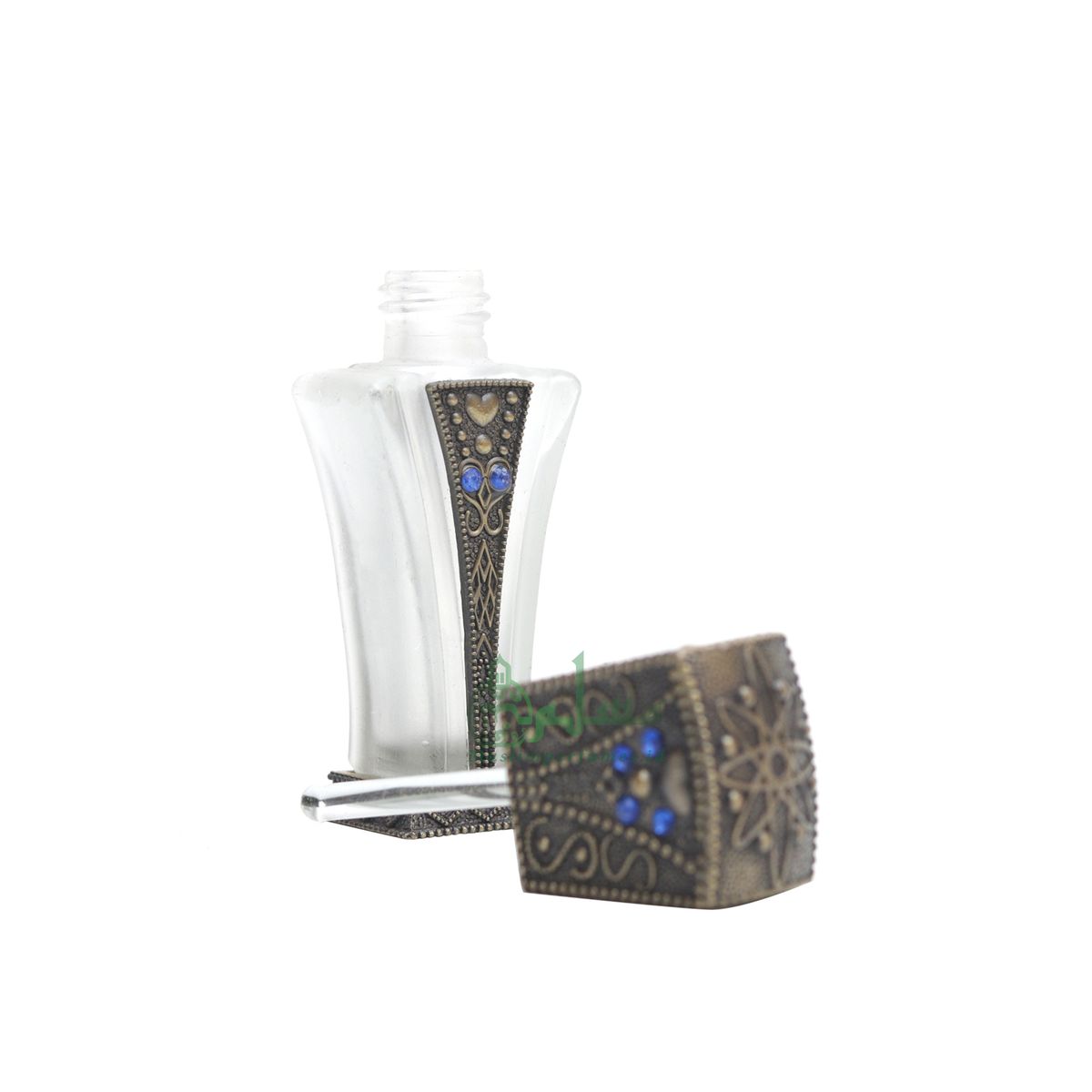 Empty Perfume Bottle Small 5 ml Sleek Slim Tapered Rectangular Design Brass Attar Oud Musk Glass 5 ml Vial Blue Accents Dipper Applicator