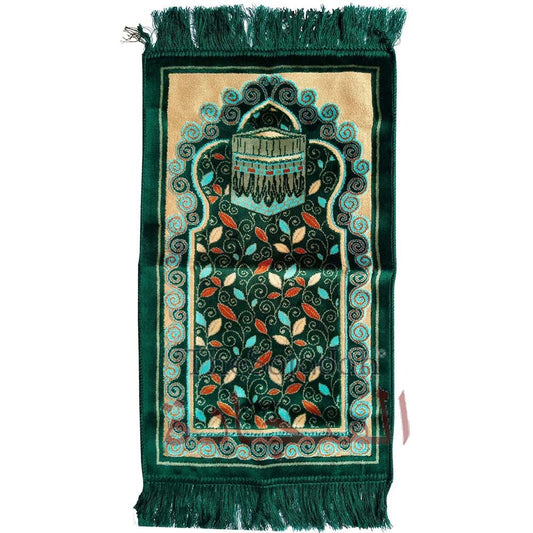 Aydin Extra Small Mini Kid’s Prayer Rug Dark Green & Teal Blue Kabah Design 14x 25 In (35x 63 cm) Islamic Salat Ja Namaz