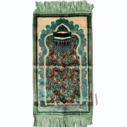 Aydin Extra Small Mini Kid’s Prayer Rug Gray & Teal Blue Kabah Design 14x 25 In (35x 63 cm) Islamic Salat Ja Namaz