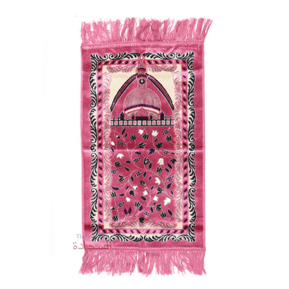 Extra Small Mini Kid’s Prayer Rug Pink & Black Mosque 14×25-In (35x63cm) For Salat Ja Namaz
