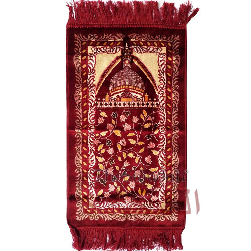 Aydin Extra Small Mini Kid’s Prayer Rug Solid Maroon Mosque Design 14x 25 In (35x 63 cm) Islamic Salat Ja Namaz