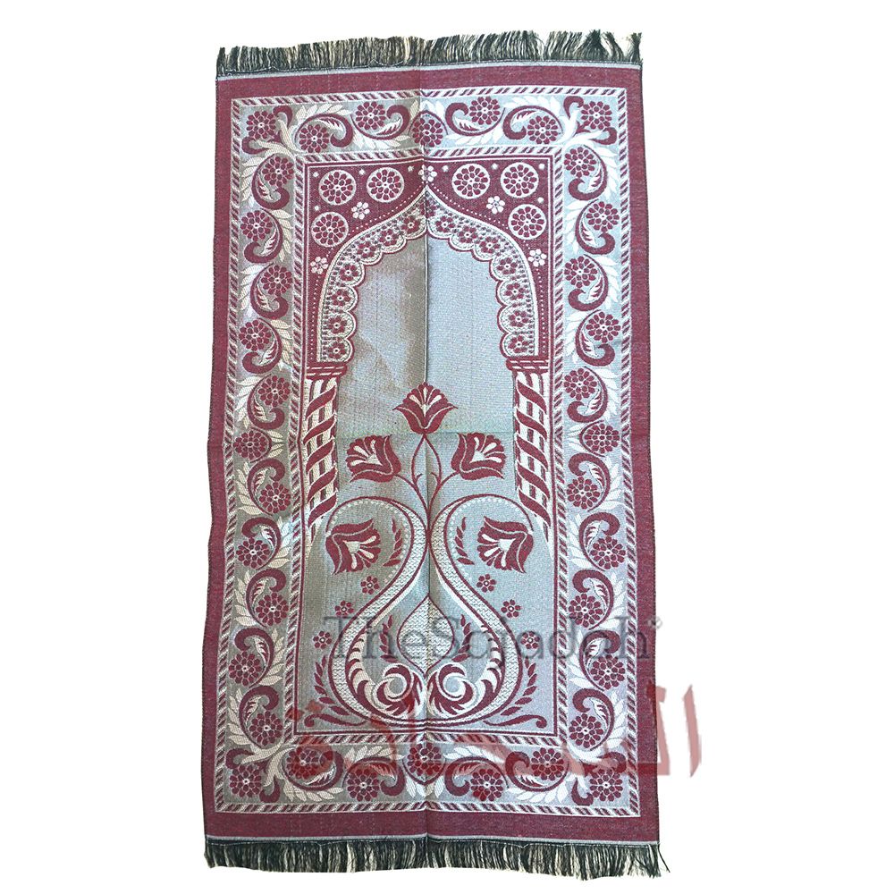 Aydin Extra Thin Dark Red Chrome Flowers & Pointed Arch Salat Namaz Mat – great For Travel 65x 114cm