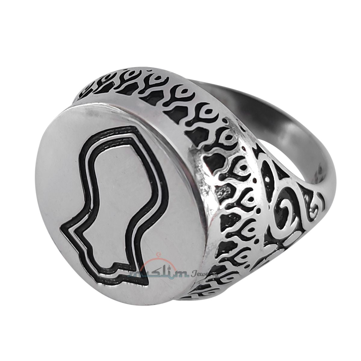 Muslim Men’s Ring Sterling Silver Islamic Prophet Sandal Nalain Shareef with Embossed Black Oxidized Design