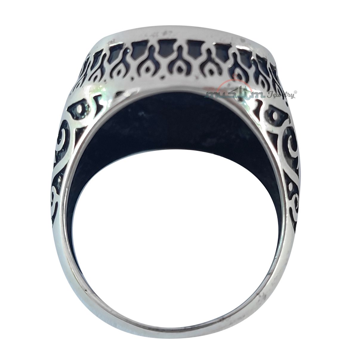 Muslim Men’s Ring Sterling Silver Islamic Prophet Sandal Nalain Shareef with Embossed Black Oxidized Design