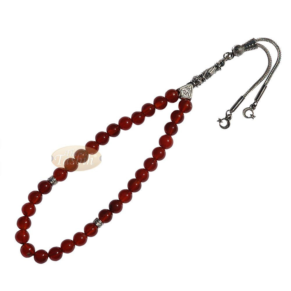 Red Carnelian Agate 33-Bead Tasbih Prayer Beads Star Crescent Charms
