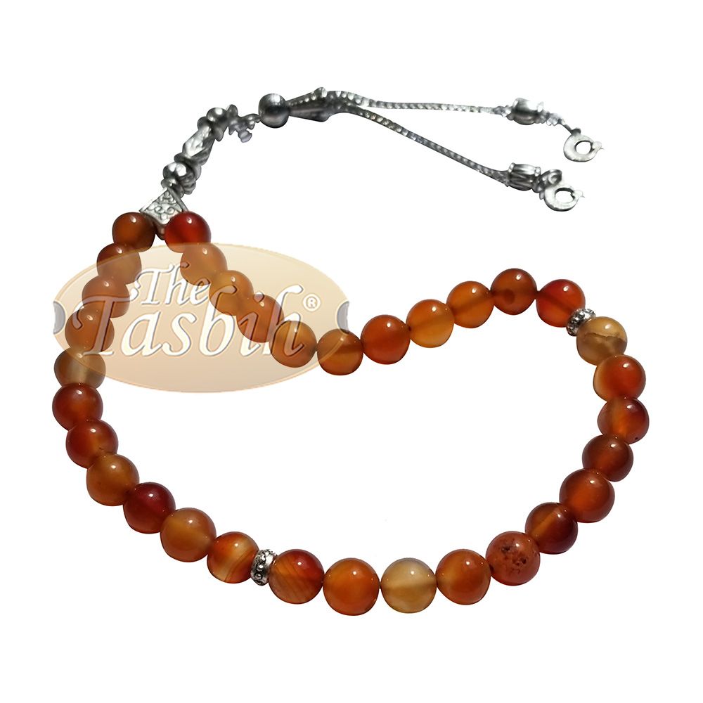 33-Bead Small Honey Agate 7 mm Stone Tasbih Prayer Beads Silver Accents & Kizilay Charms