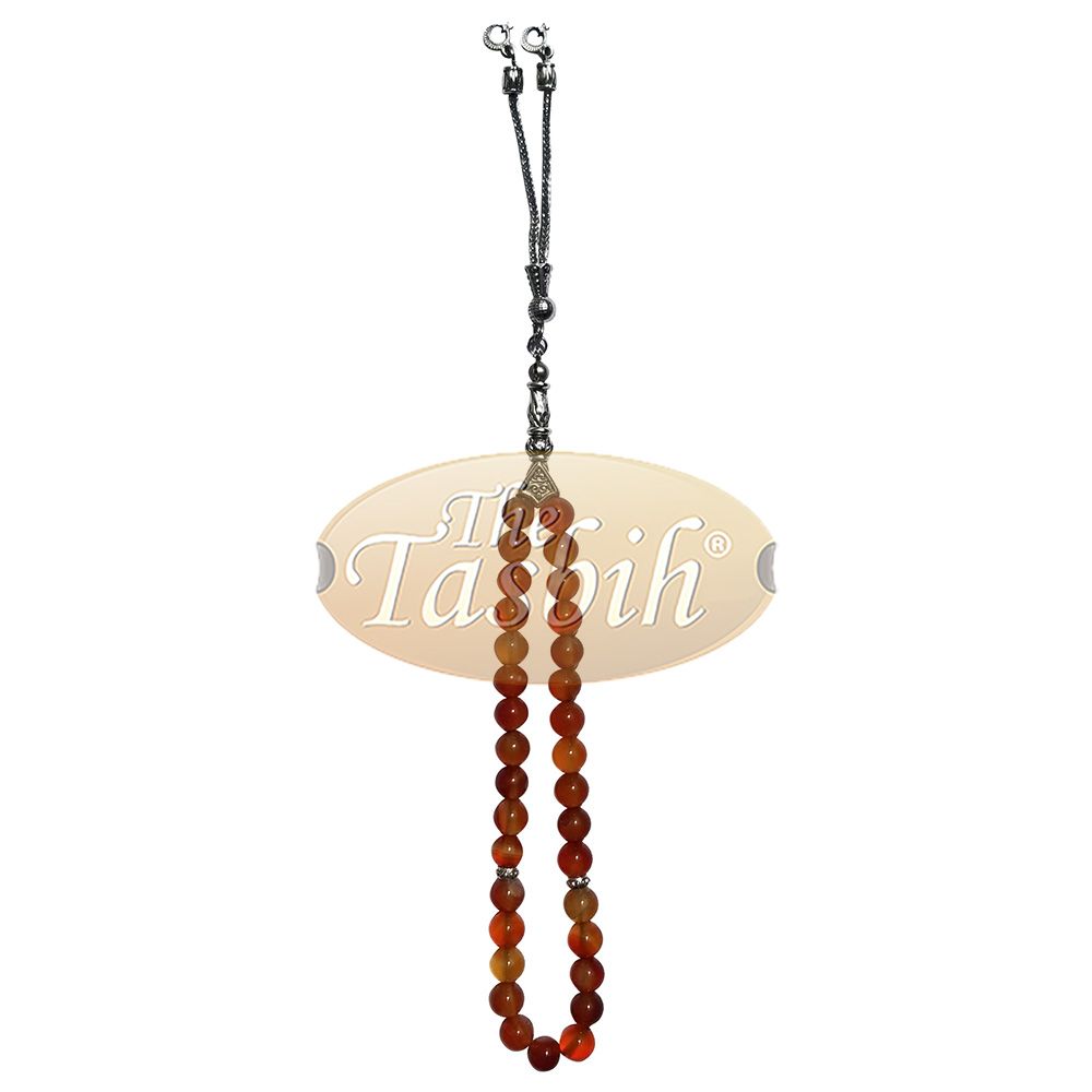 33-Bead Small Honey Agate 7 mm Stone Tasbih Prayer Beads Silver Accents & Kizilay Charms