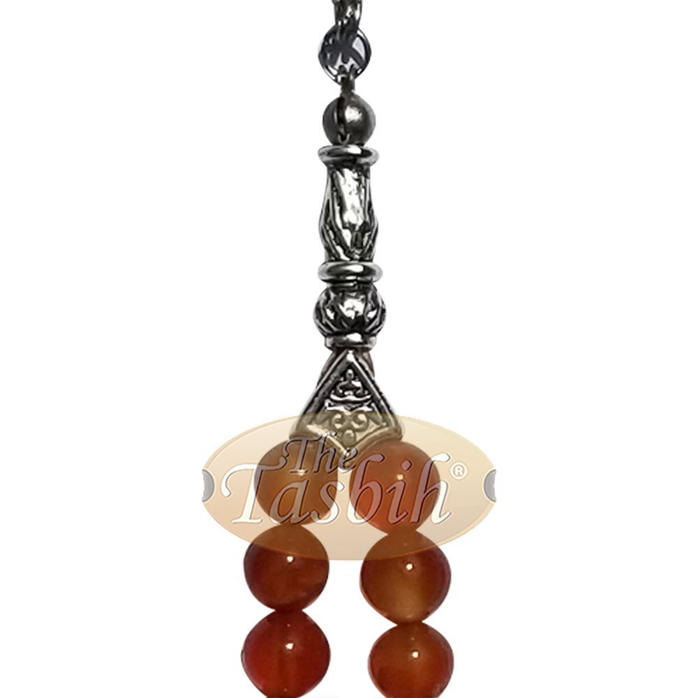 33-Bead Small Honey Agate 7 mm Stone Tasbih Prayer Beads Silver Accents & Kizilay Charms