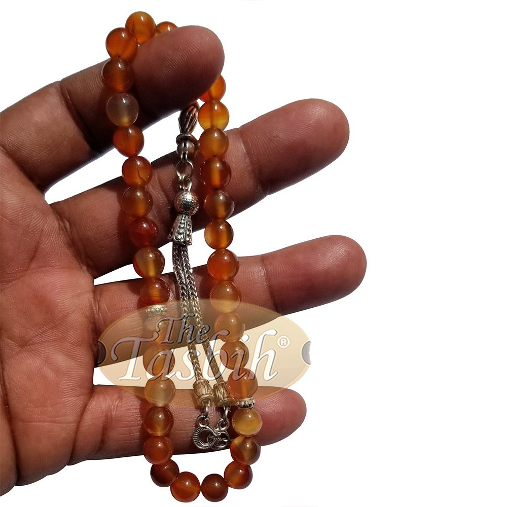 33-Bead Small Honey Agate 7 mm Stone Tasbih Prayer Beads Silver Accents & Kizilay Charms