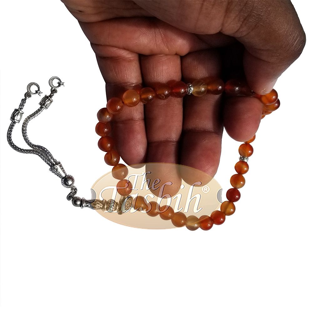 33-Bead Small Honey Agate 7 mm Stone Tasbih Prayer Beads Silver Accents & Kizilay Charms