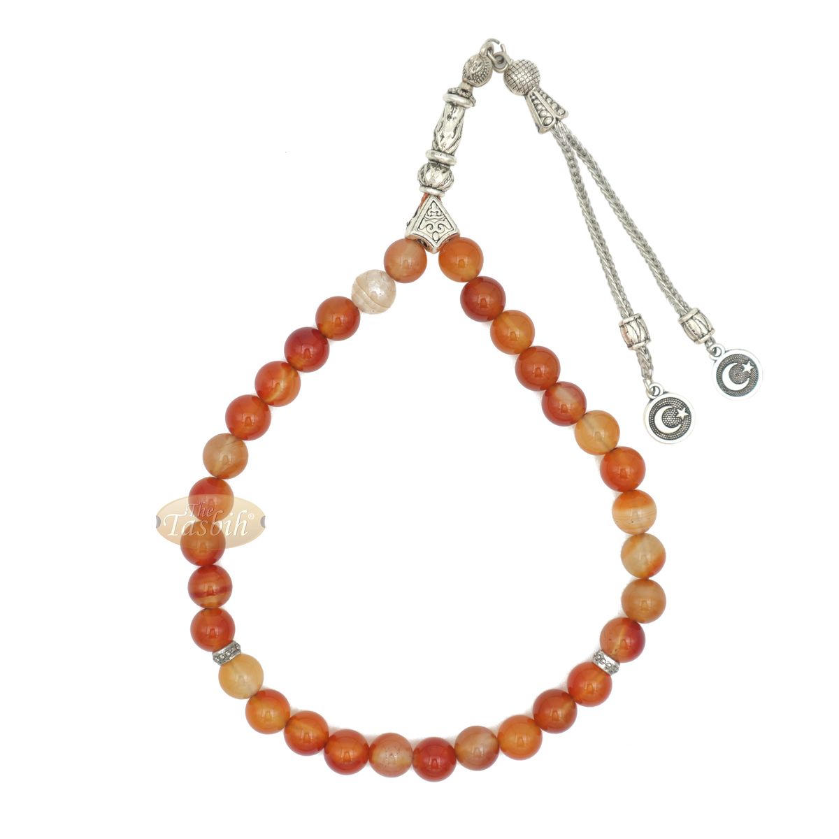 Honey Red Carnelian 8 mm 33 Beads with Round Crescent Moon Charm Tasbih
