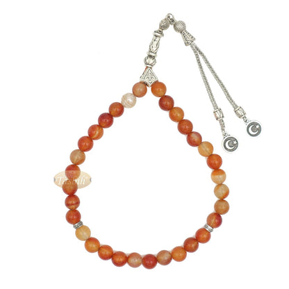 Honey Red Carnelian 8 mm 33 Beads with Round Crescent Moon Charm Tasbih