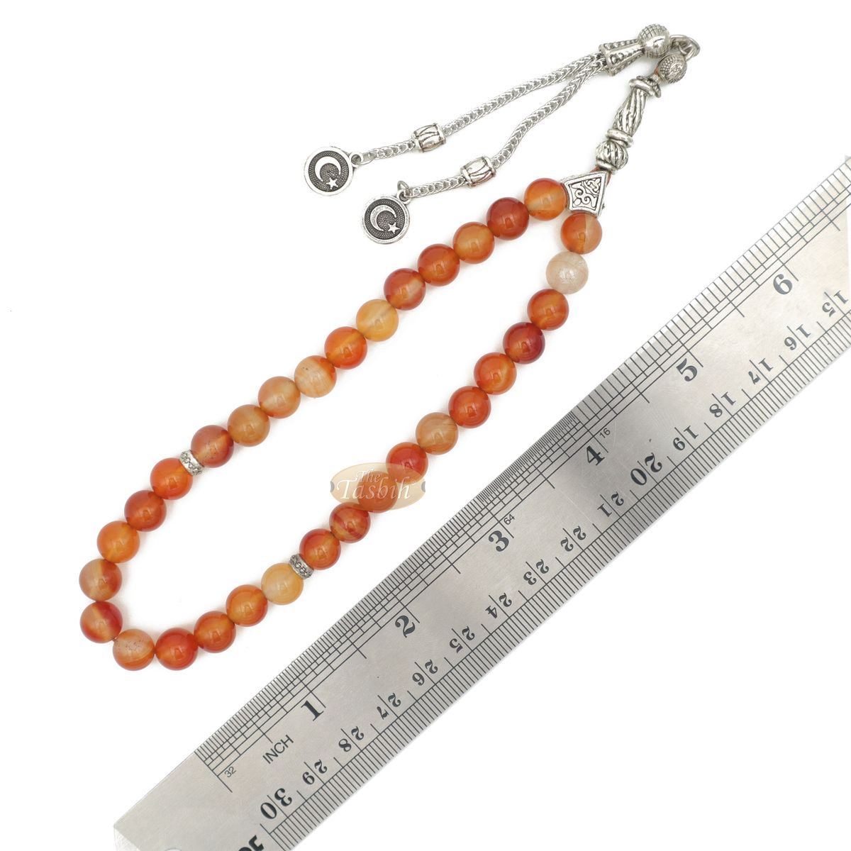 Honey Red Carnelian 8 mm 33 Beads with Round Crescent Moon Charm Tasbih