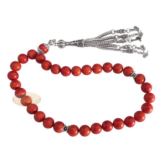 10 mm Red Sea Coral 33-Bead Prayer Beads with Ornamental Turkish Tughra 5-Chain Tassel Charms