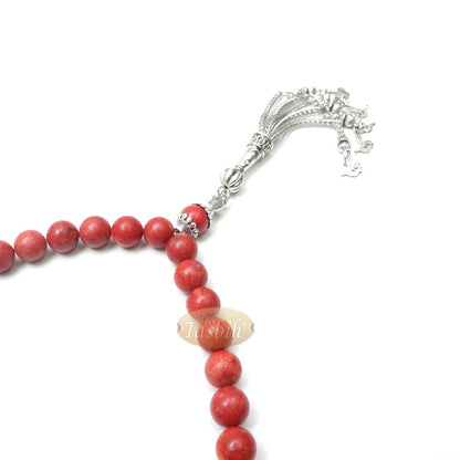 10 mm Red Sea Coral 33-Bead Prayer Beads with Ornamental Turkish Tughra 5-Chain Tassel Charms