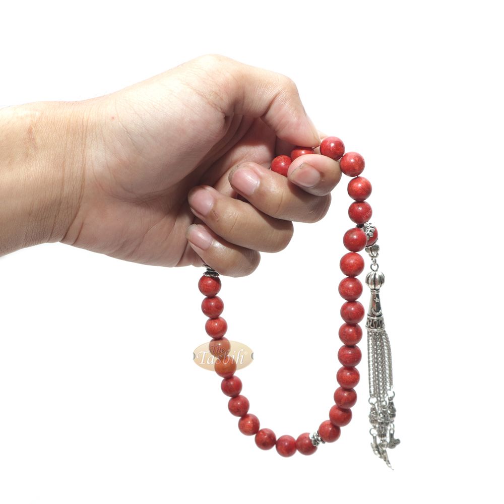 10 mm Red Sea Coral 33-Bead Prayer Beads with Ornamental Turkish Tughra 5-Chain Tassel Charms