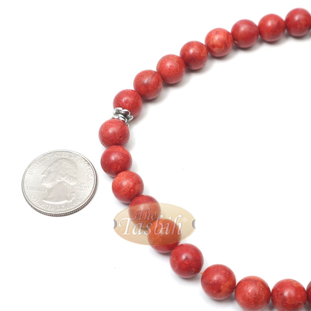 10 mm Red Sea Coral 33-Bead Prayer Beads with Ornamental Turkish Tughra 5-Chain Tassel Charms