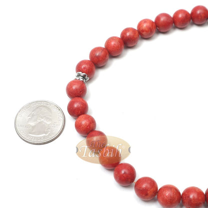 10 mm Red Sea Coral 33-Bead Prayer Beads with Ornamental Turkish Tughra 5-Chain Tassel Charms