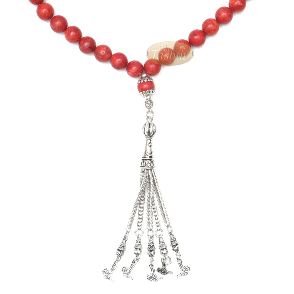 10 mm Red Sea Coral 33-Bead Prayer Beads with Ornamental Turkish Tughra 5-Chain Tassel Charms
