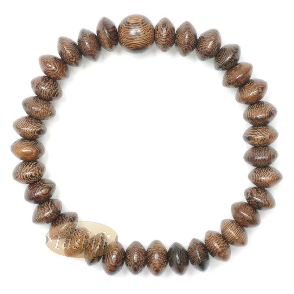 Natural brown wooden tasbih bracelet with oval beads arranged on an elastic band.