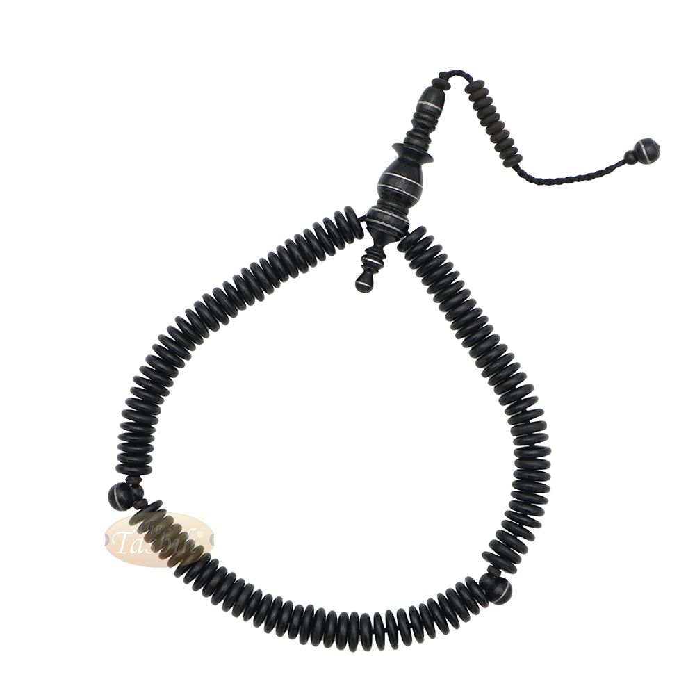 Black Wood Disc-Shaped Prayer Beads Tasbih – Handcrafted 3×11 mm 99-beads Carved Alif