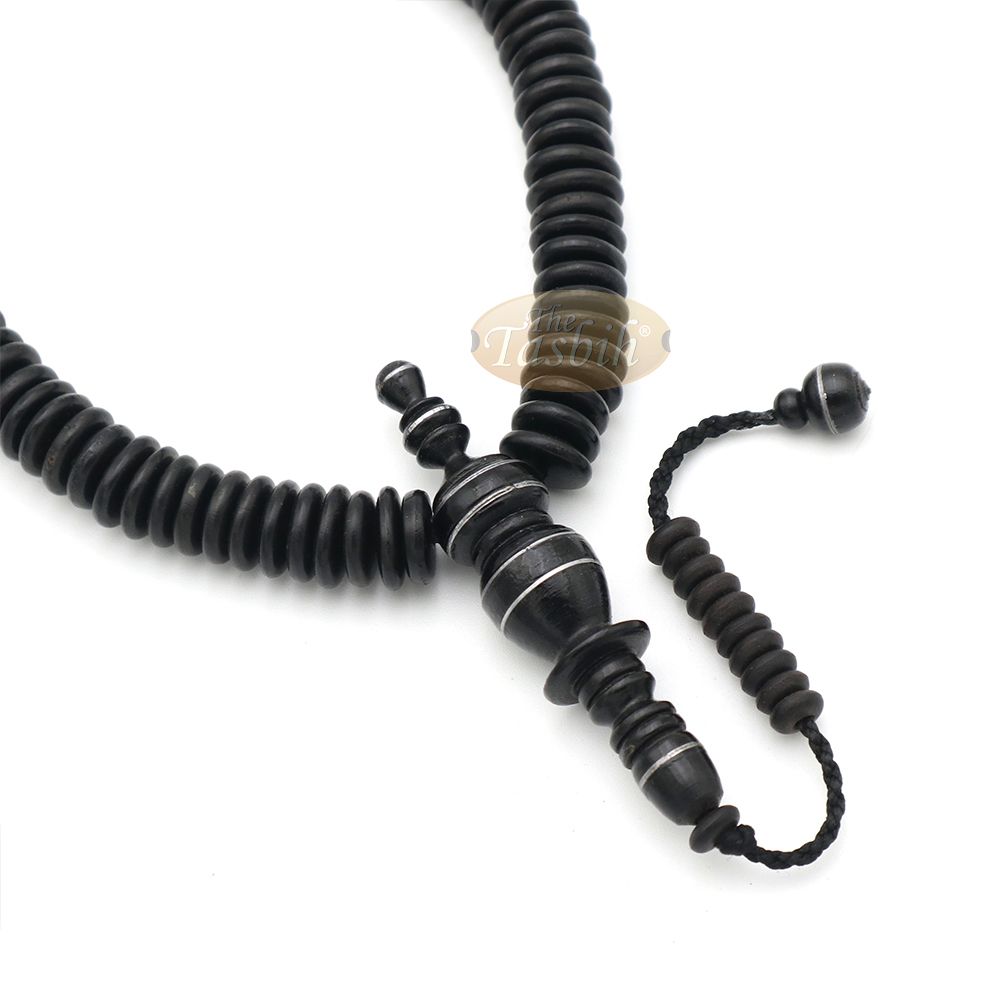 Black Wood Disc-Shaped Prayer Beads Tasbih – Handcrafted 3×11 mm 99-beads Carved Alif