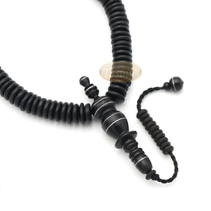 Black Wood Disc-Shaped Prayer Beads Tasbih – Handcrafted 3×11 mm 99-beads Carved Alif