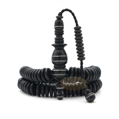 Black Wood Disc-Shaped Prayer Beads Tasbih – Handcrafted 3×11 mm 99-beads Carved Alif