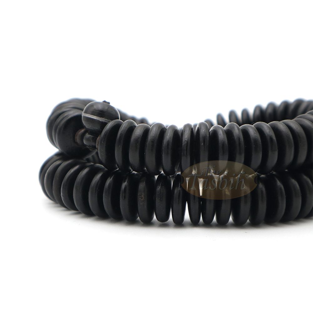 Black Wood Disc-Shaped Prayer Beads Tasbih – Handcrafted 3×11 mm 99-beads Carved Alif