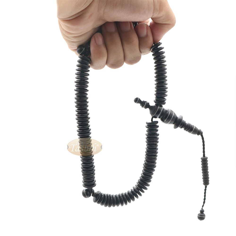Black Wood Disc-Shaped Prayer Beads Tasbih – Handcrafted 3×11 mm 99-beads Carved Alif