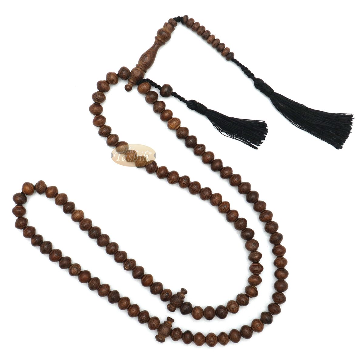 Wooden Islamic Prayer Beads – Natural Johar Asian Wenge Wood Tasbih 99 count Contoured 8×7 mm Beads with Black Tassels In Gift Box By